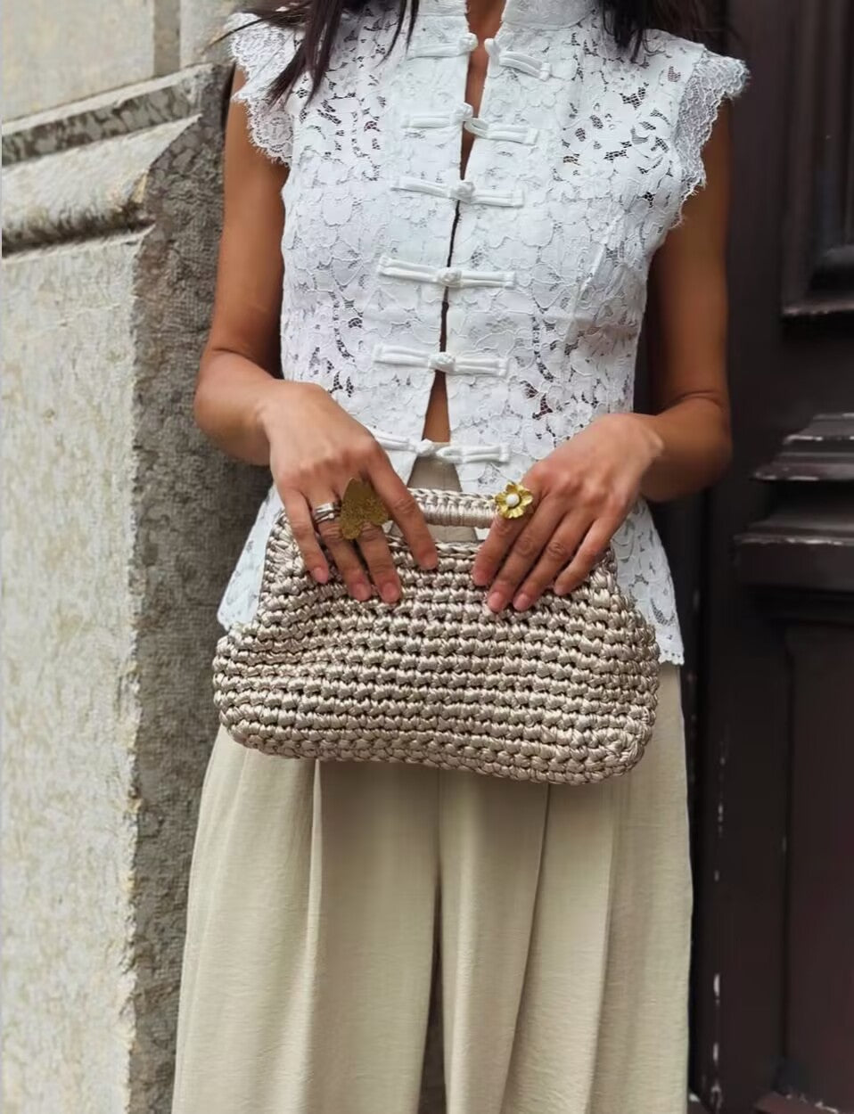 Women's Floral Lace Sleeveless Button Front Vest Blouse