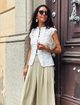 Women's Floral Lace Sleeveless Button Front Vest Blouse