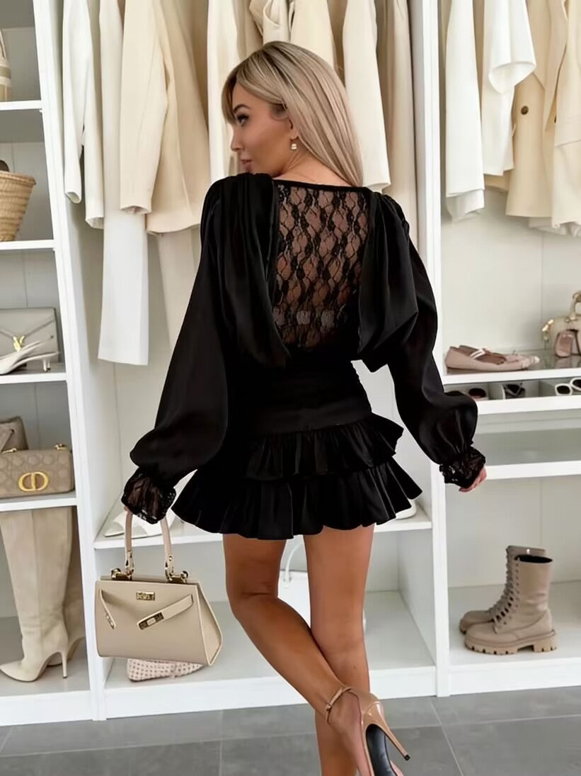 Women's Long Sleeve Lace Panel Wrap Mini Dress with Waist