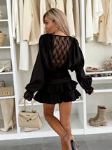 Women's Long Sleeve Lace Panel Wrap Mini Dress with Waist