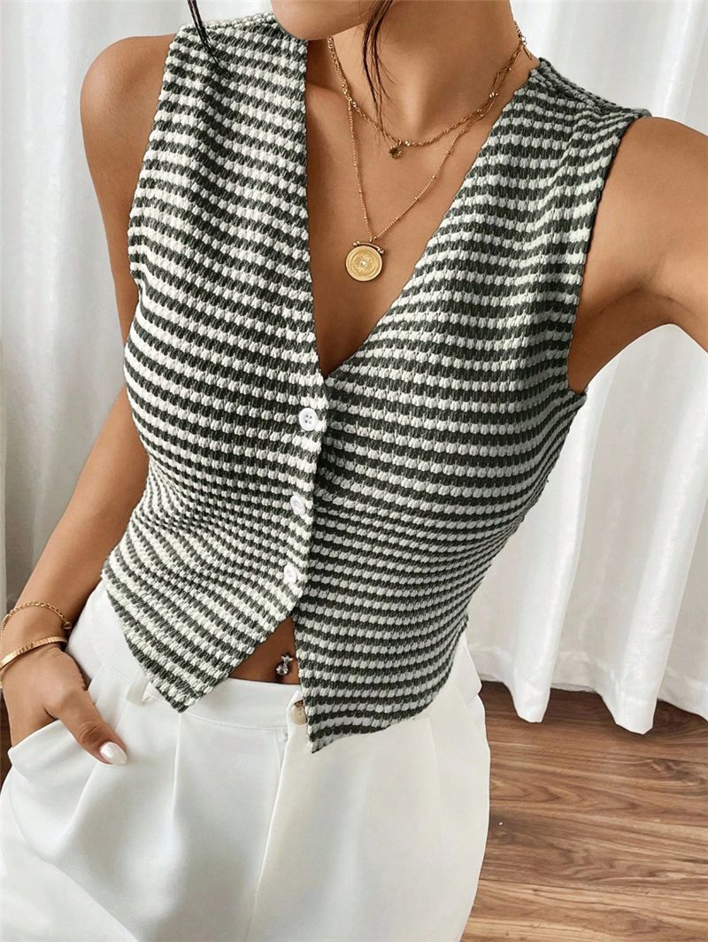 Women's Striped Knit Button Front Sweater Vest Top