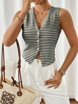 Women's Striped Knit Button Front Sweater Vest Top