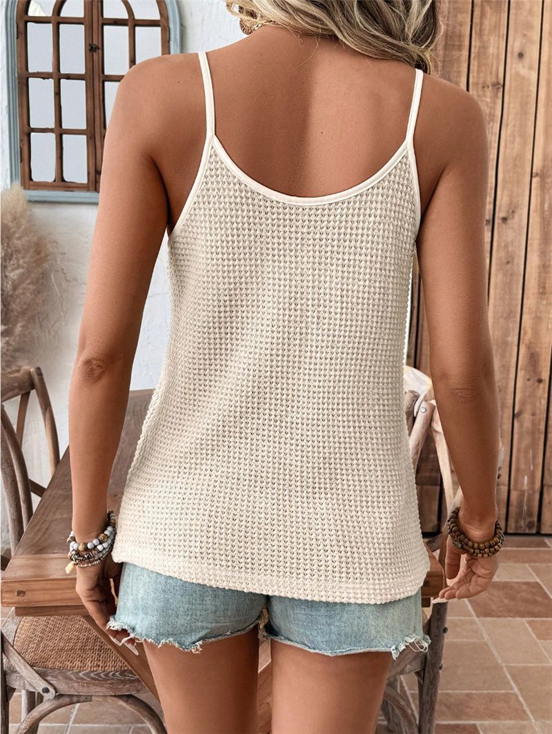 Chic Cream Waffle Knit Lace Trim Cami Top