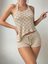 Boho Beige Crochet Halter Top and Shorts Set