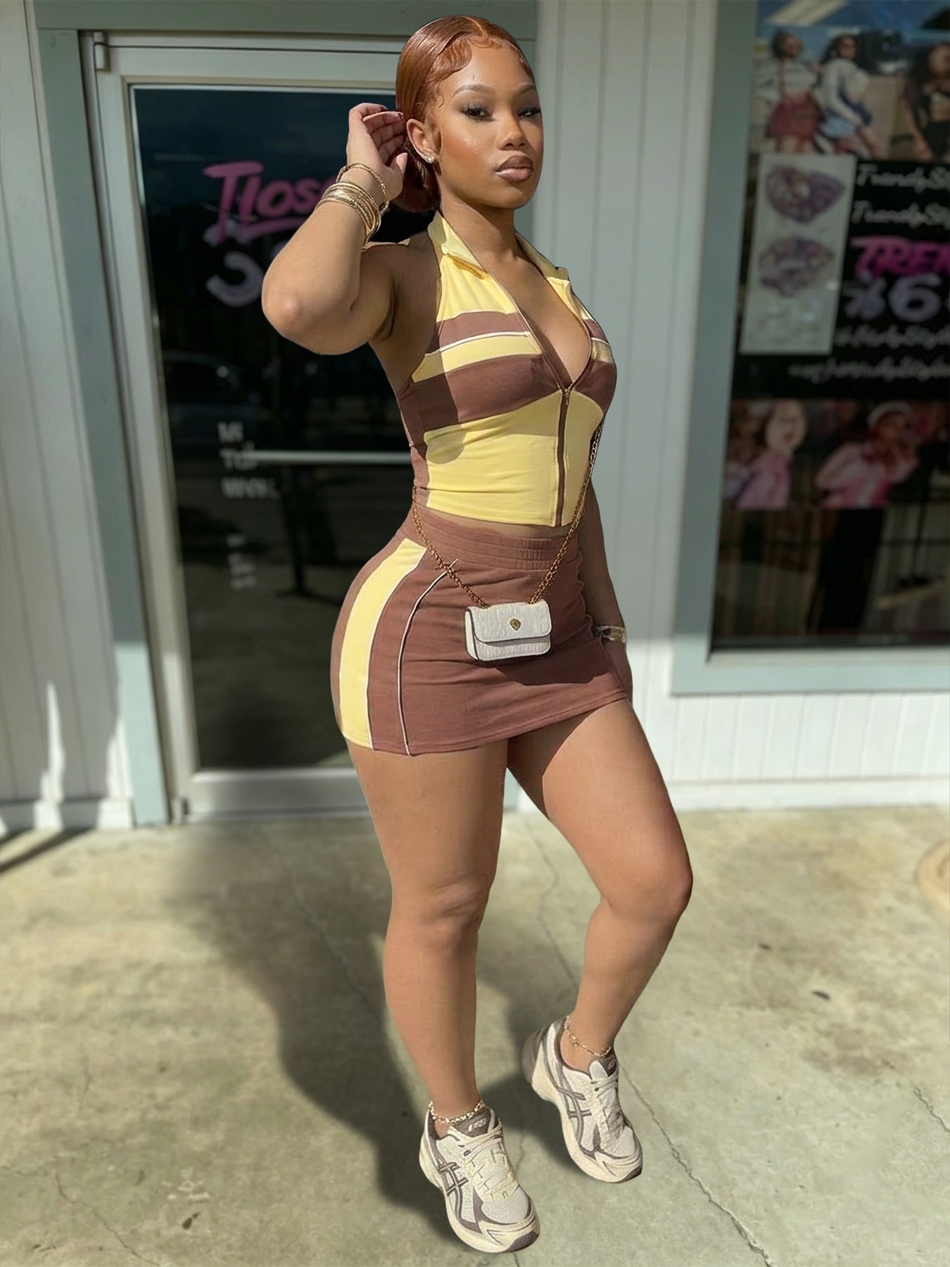 Women's Zip Front Halter Skirt Set