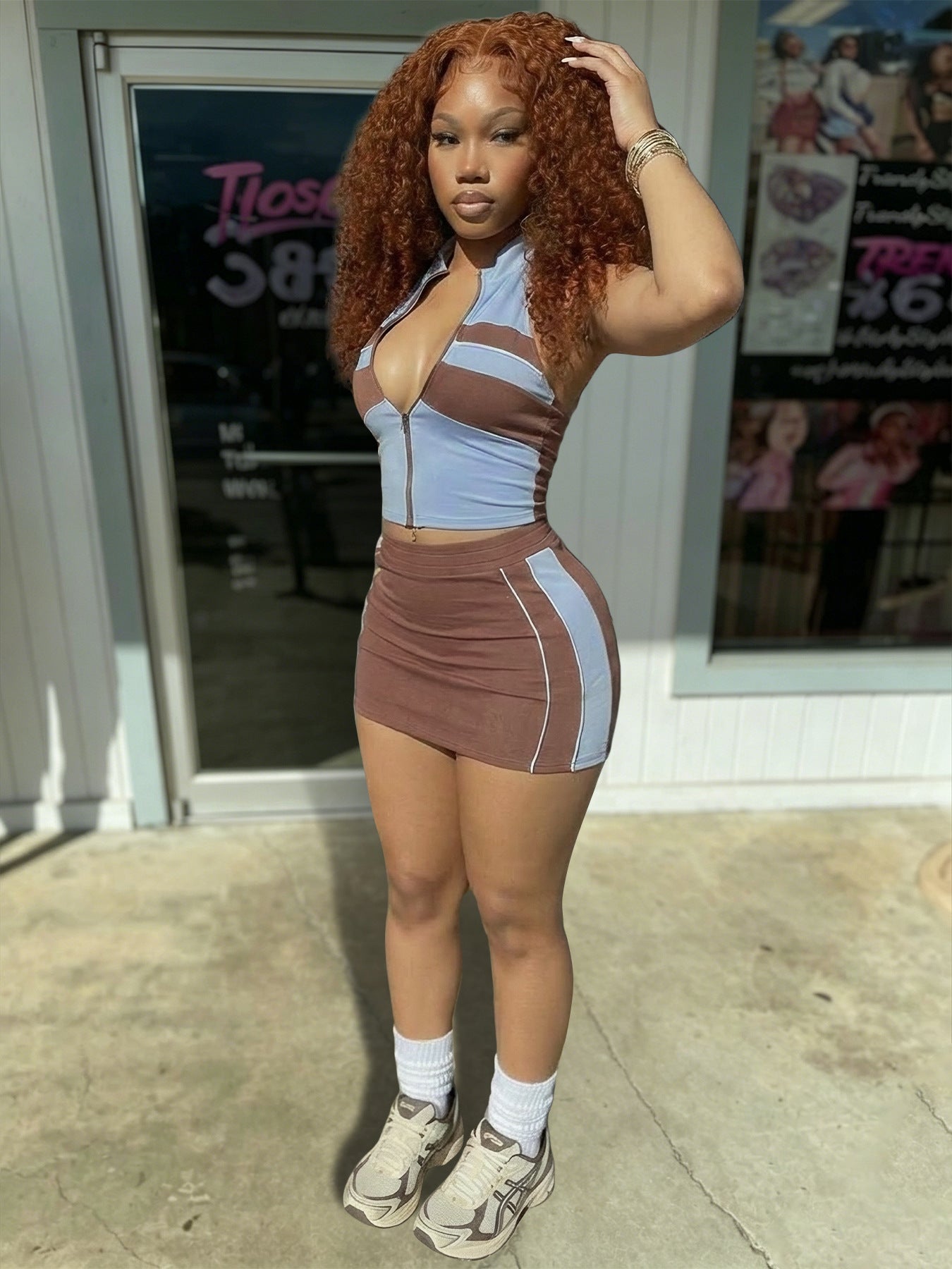 Women's Zip Front Halter Skirt Set