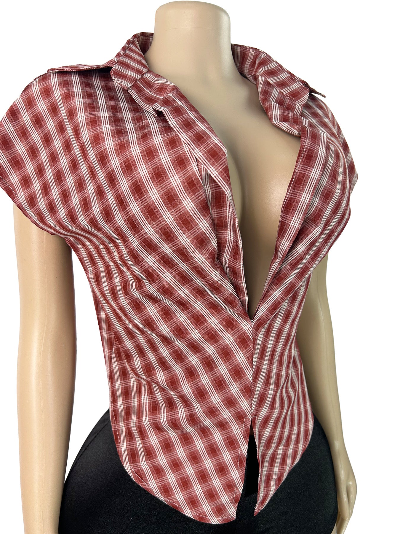 Women's Plaid Cowl Neck Cap Sleeve  Top