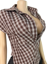 Women's Plaid Cowl Neck Cap Sleeve  Top