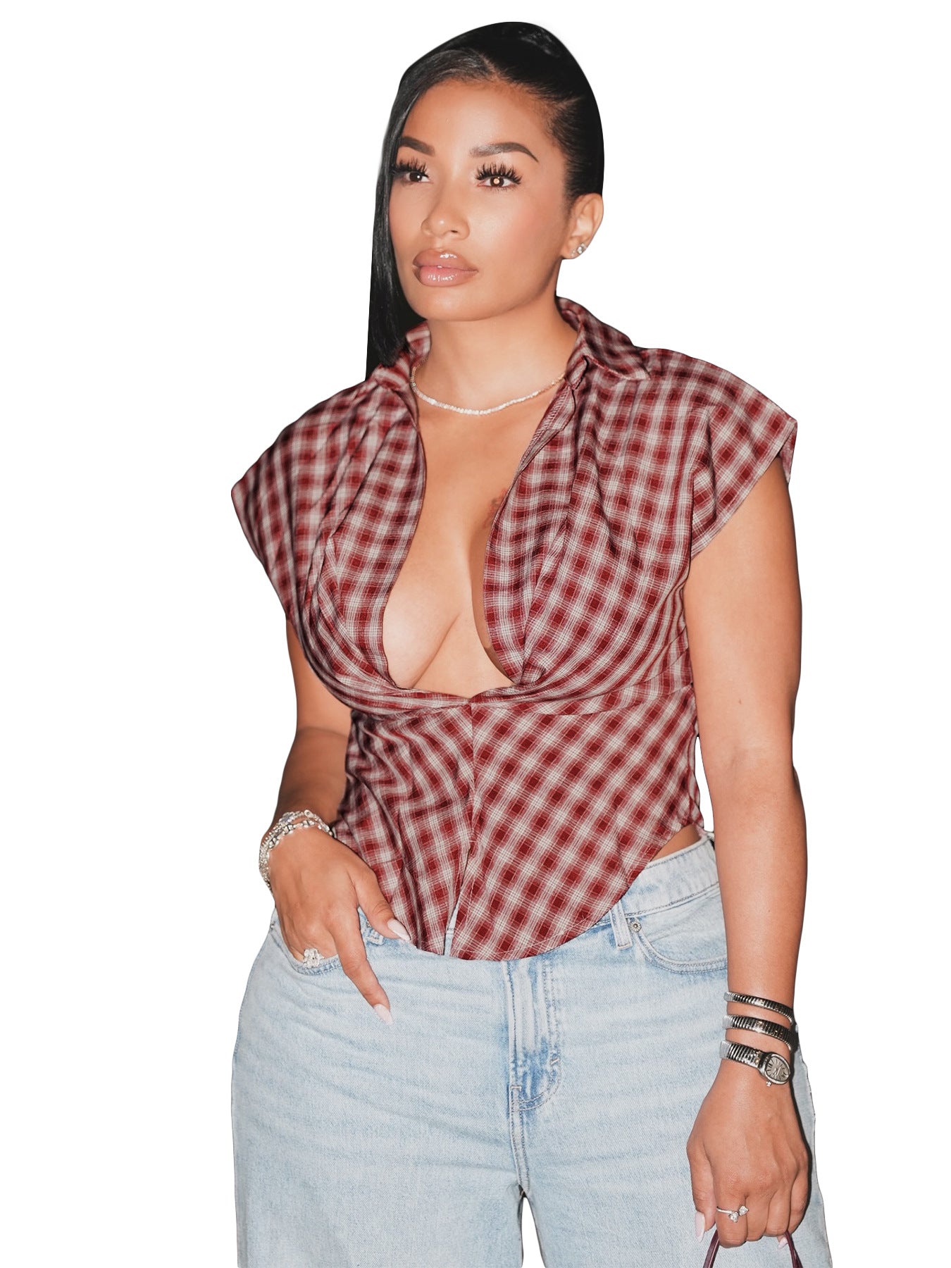 Women's Plaid Cowl Neck Cap Sleeve  Top