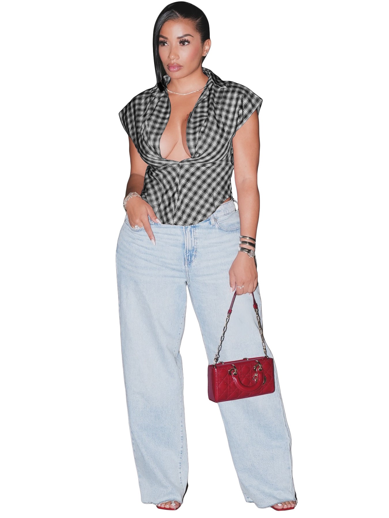 Women's Plaid Cowl Neck Cap Sleeve  Top