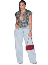 Women's Plaid Cowl Neck Cap Sleeve  Top