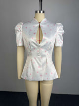 Women's Floral Puff Sleeve Peplum Blouse Top