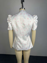 Women's Floral Puff Sleeve Peplum Blouse Top
