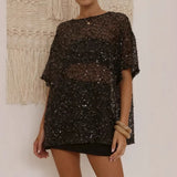 Sparkling Silver Sequin Mesh T-Shirt Top