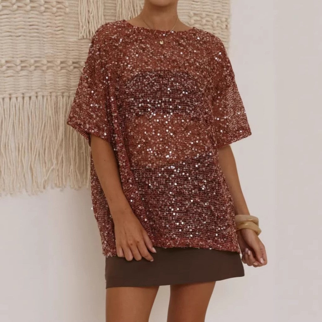 Sparkling Silver Sequin Mesh T-Shirt Top