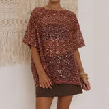Sparkling Silver Sequin Mesh T-Shirt Top