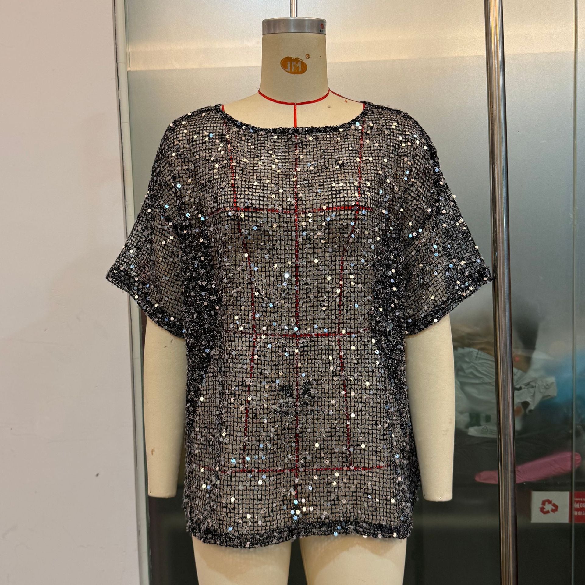 Sparkling Silver Sequin Mesh T-Shirt Top