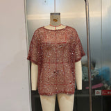 Sparkling Silver Sequin Mesh T-Shirt Top