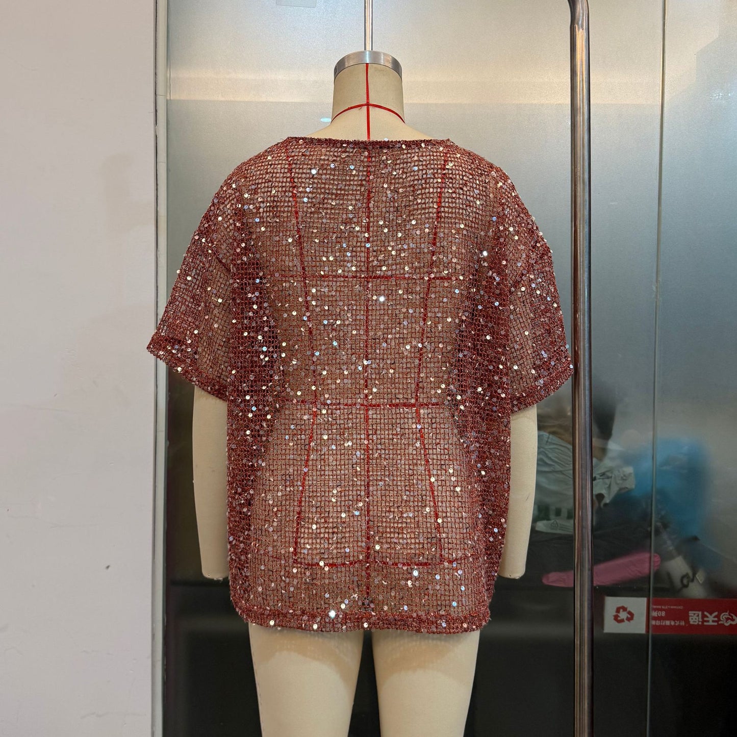 Sparkling Silver Sequin Mesh T-Shirt Top