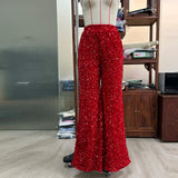 Glam Festive Red Sequin Wide Leg Flare Pants