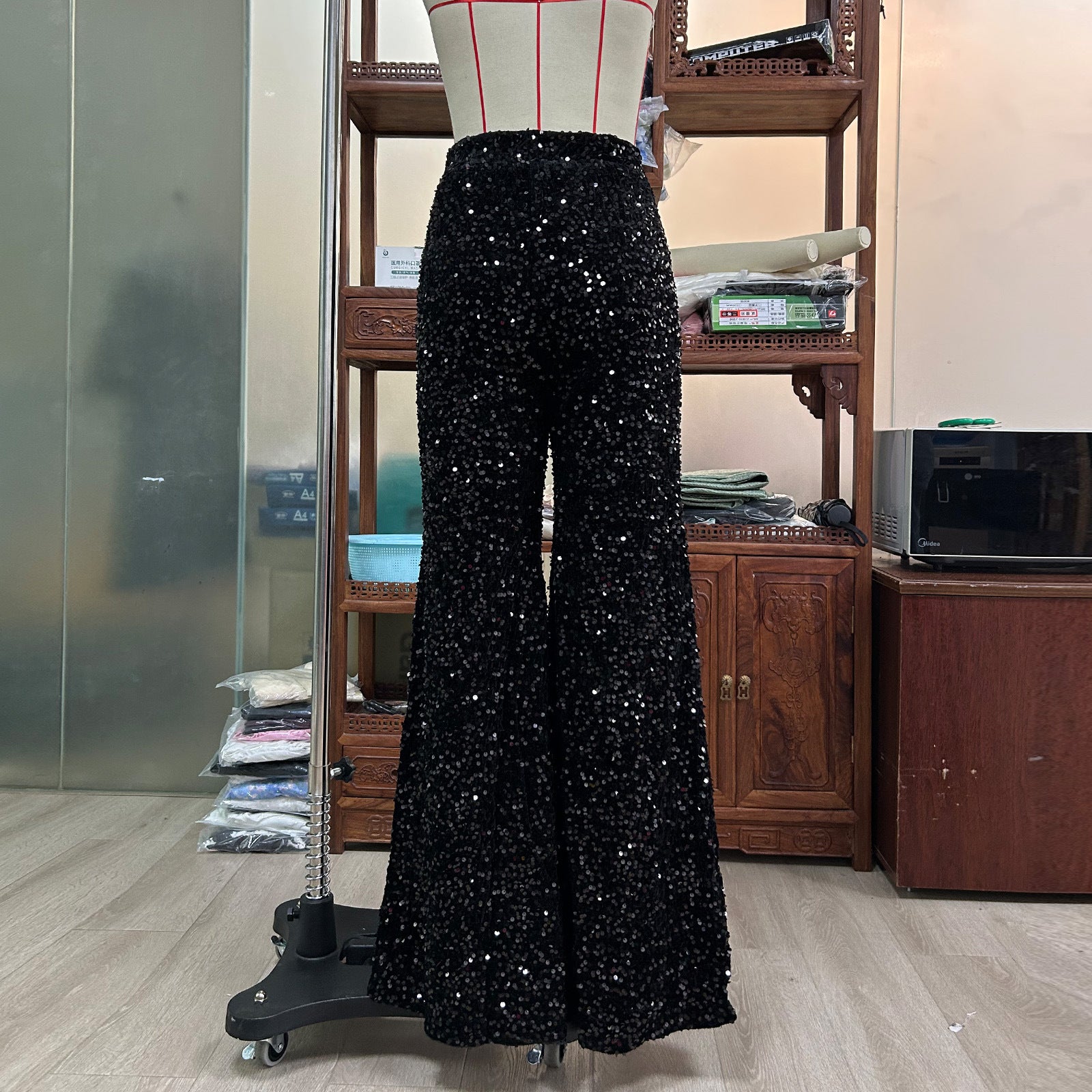 Glam Festive Red Sequin Wide Leg Flare Pants