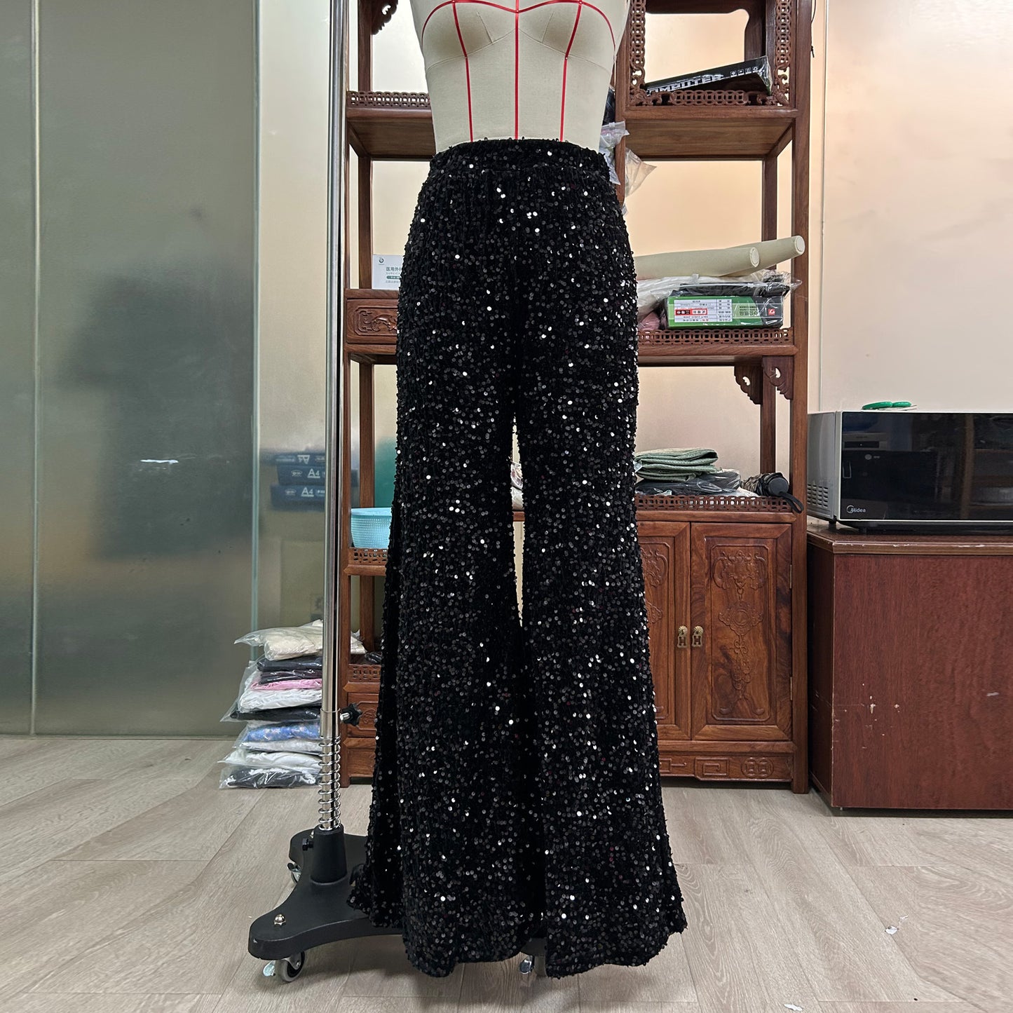 Glam Festive Red Sequin Wide Leg Flare Pants