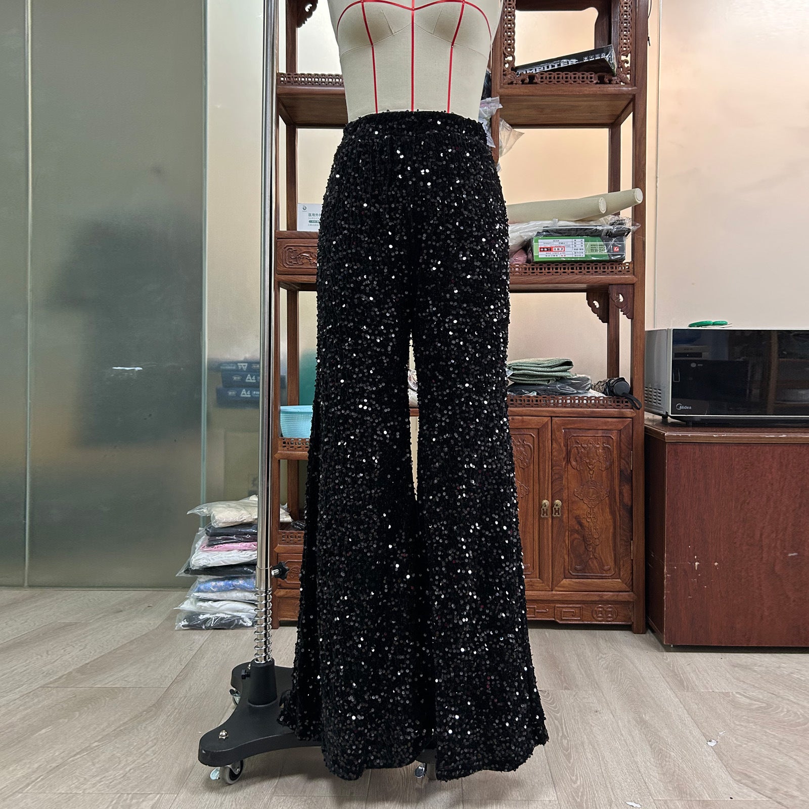 Glam Festive Red Sequin Wide Leg Flare Pants