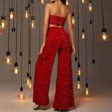 Glam Festive Red Sequin Wide Leg Flare Pants