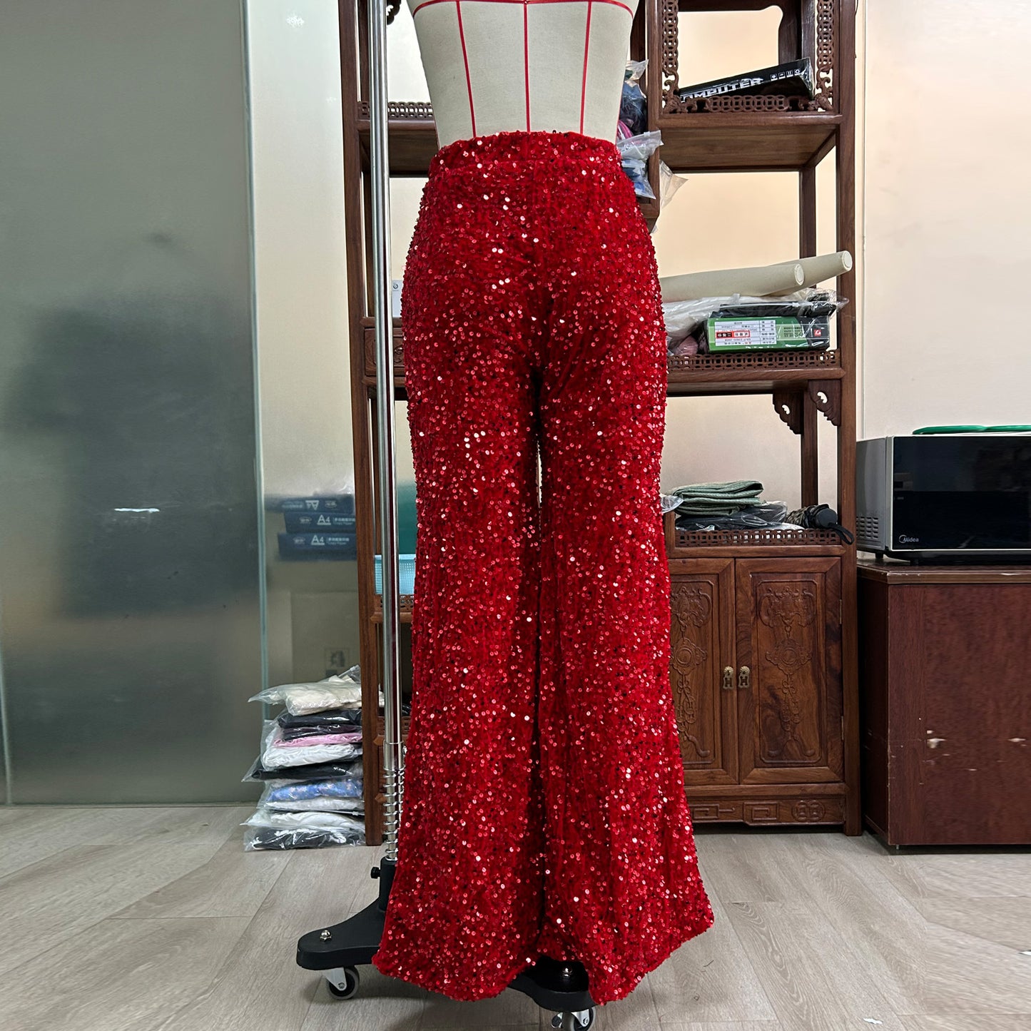 Glam Festive Red Sequin Wide Leg Flare Pants