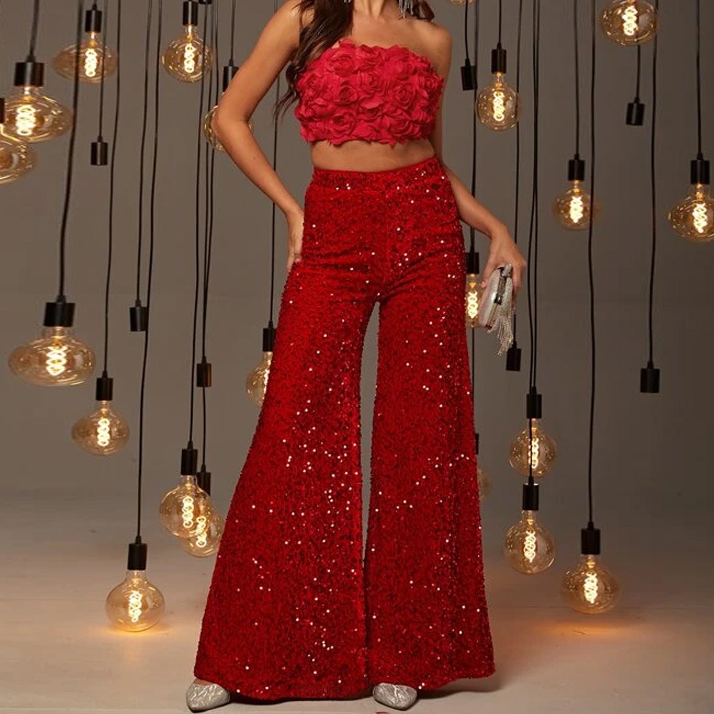 Glam Festive Red Sequin Wide Leg Flare Pants