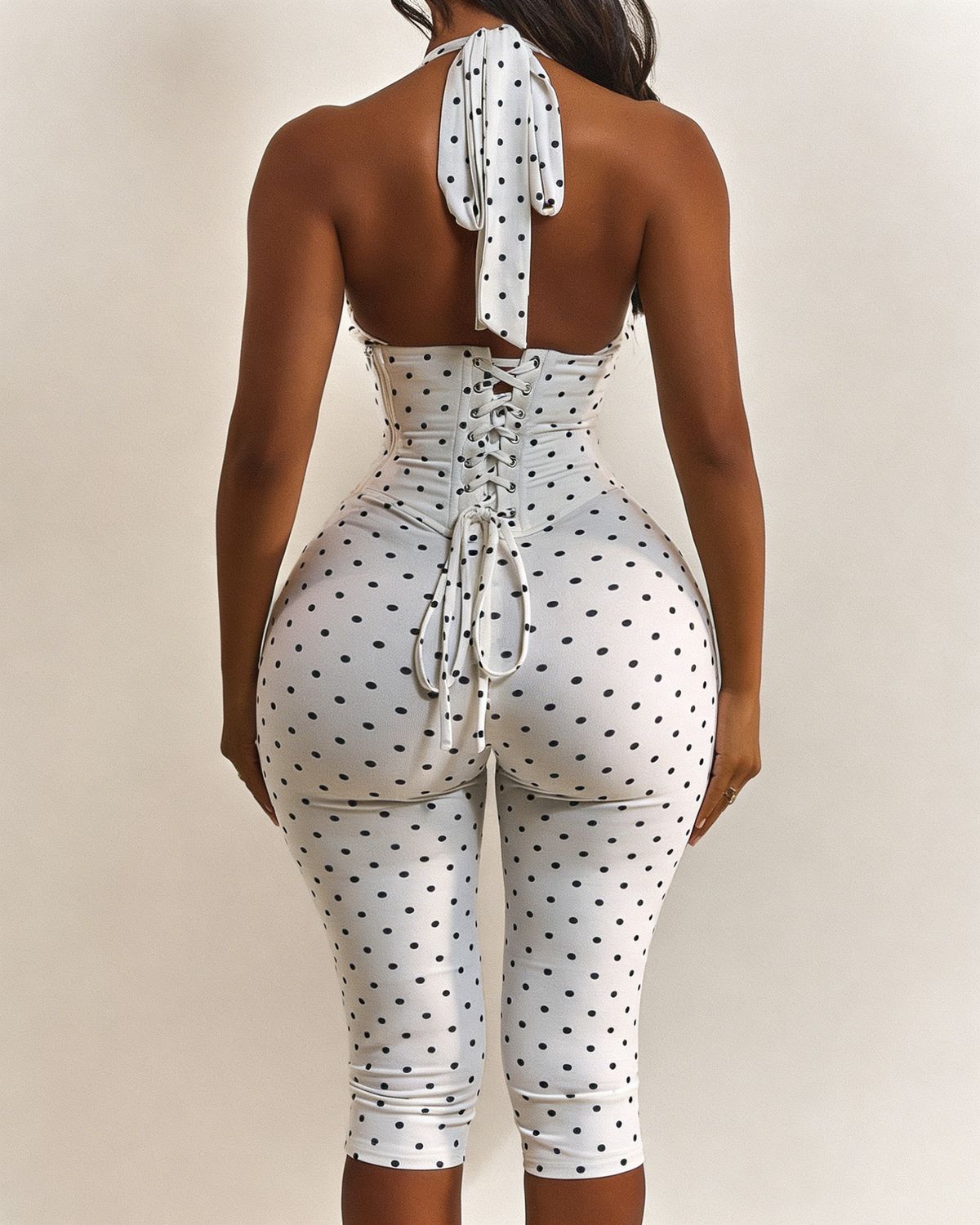 Women's Polka Dot Halter Corset Capri Jumpsuit