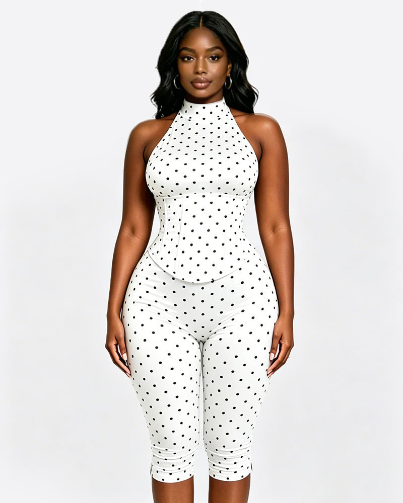 Women's Polka Dot Halter Corset Capri Jumpsuit