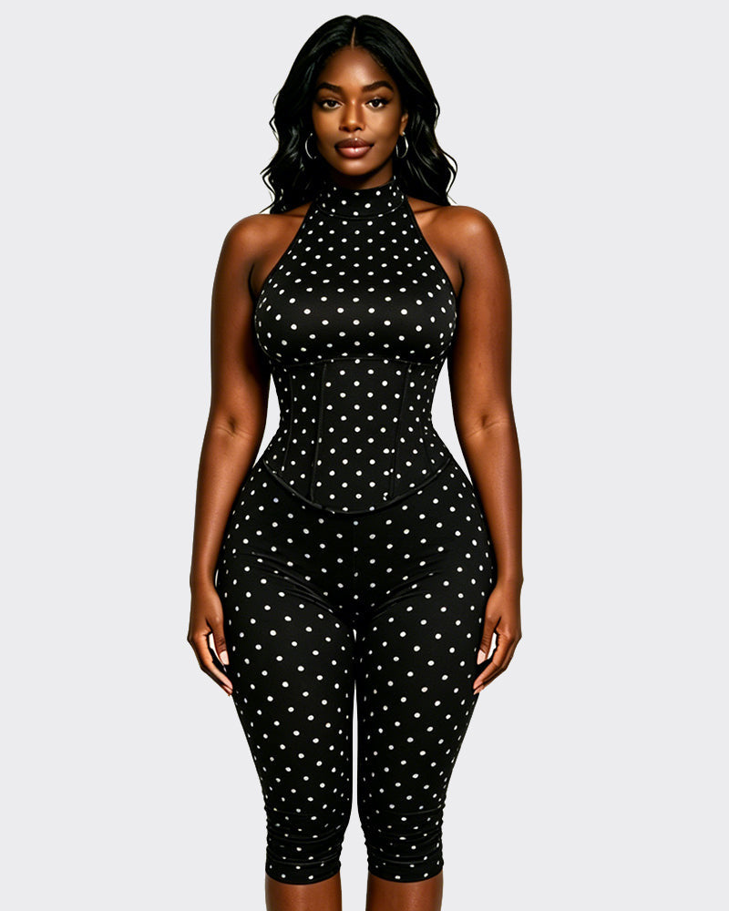 Women's Polka Dot Halter Corset Capri Jumpsuit