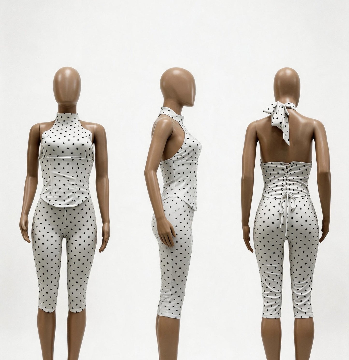 Women's Polka Dot Halter Corset Capri Jumpsuit