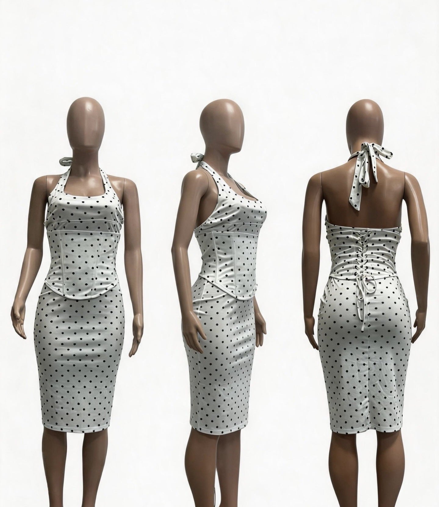 Women's Polka Dot Halter Bodycon Midi Dress