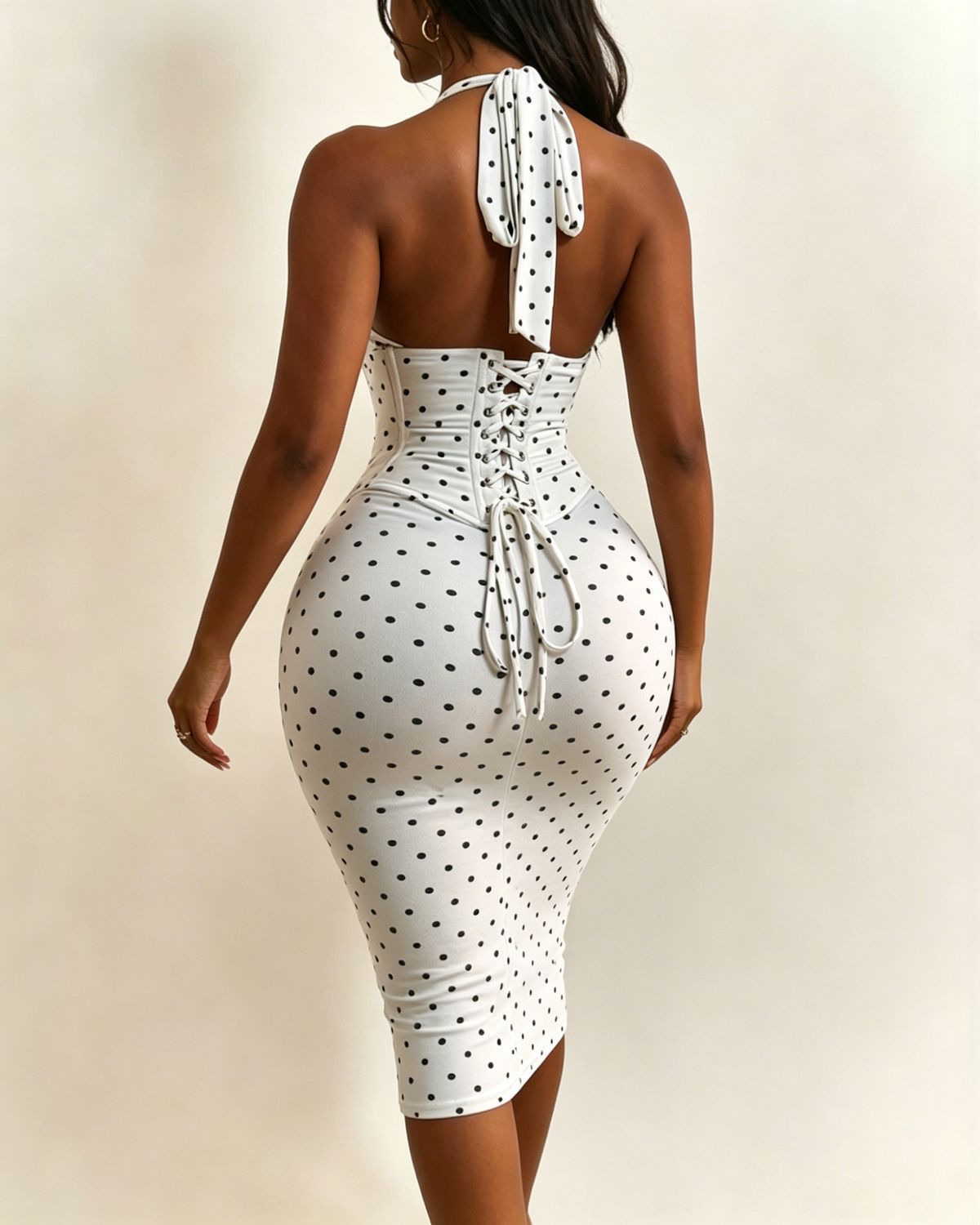 Women's Polka Dot Halter Bodycon Midi Dress