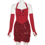 Women's Sequin Mini Party Dress with Gloves