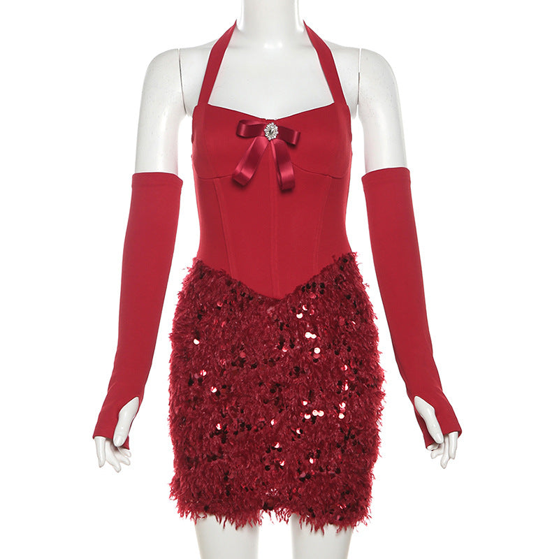 Women's Sequin Mini Party Dress with Gloves