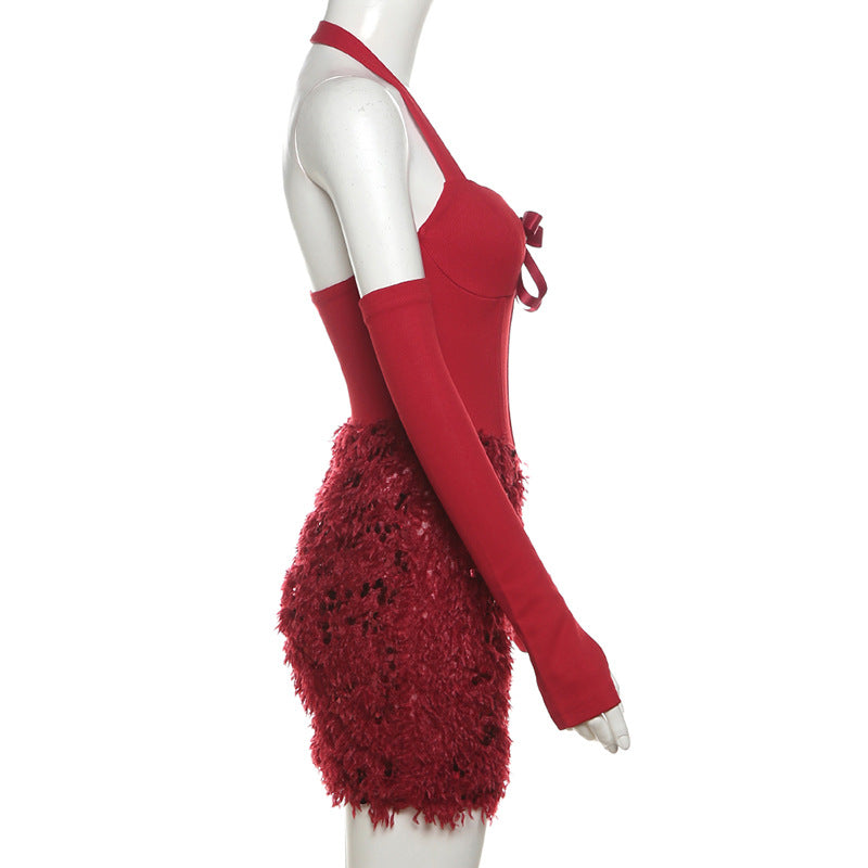 Women's Sequin Mini Party Dress with Gloves