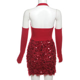 Women's Sequin Mini Party Dress with Gloves