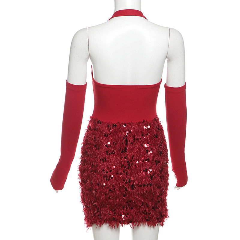 Women's Sequin Mini Party Dress with Gloves