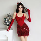 Women's Sequin Mini Party Dress with Gloves