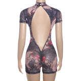 Women's Printed Mesh Bodycon Romper Jumpsuit