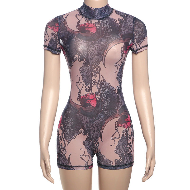 Women's Printed Mesh Bodycon Romper Jumpsuit