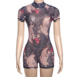 Women's Printed Mesh Bodycon Romper Jumpsuit