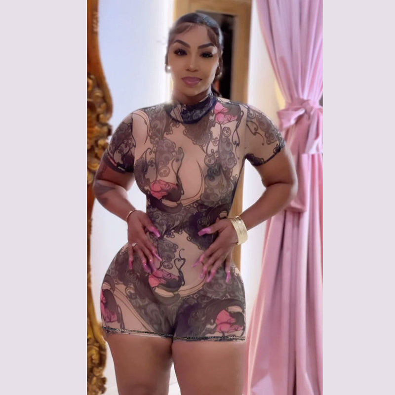 Women's Printed Mesh Bodycon Romper Jumpsuit