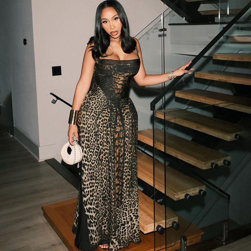 Women's Leopard Print Lace Panel Maxi Dress
