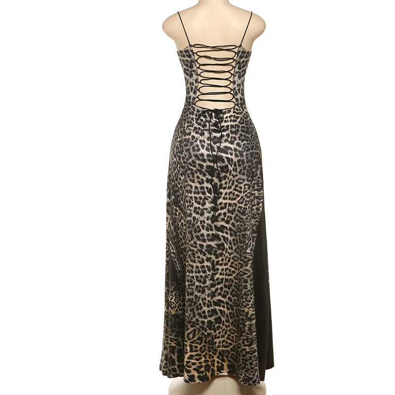 Women's Leopard Print Lace Panel Maxi Dress