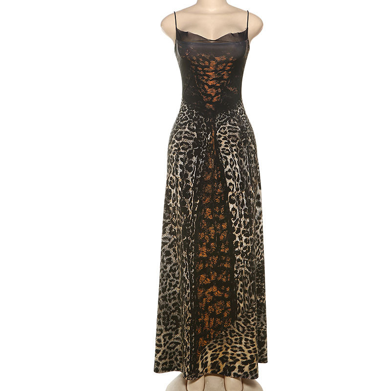 Women's Leopard Print Lace Panel Maxi Dress