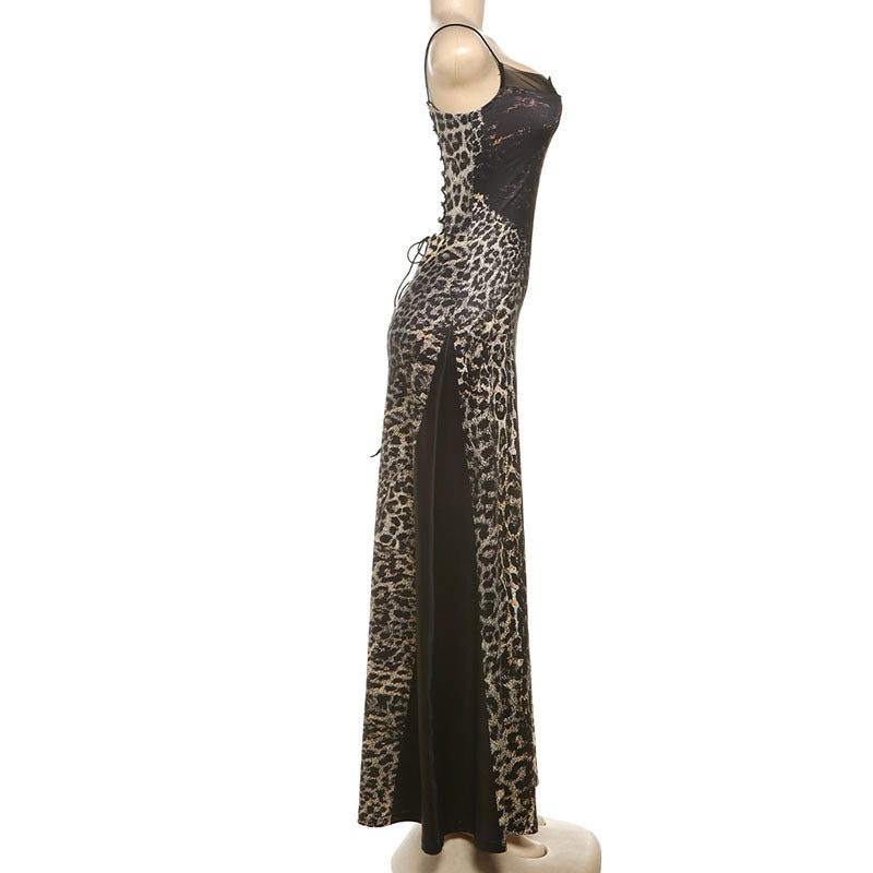 Women's Leopard Print Lace Panel Maxi Dress